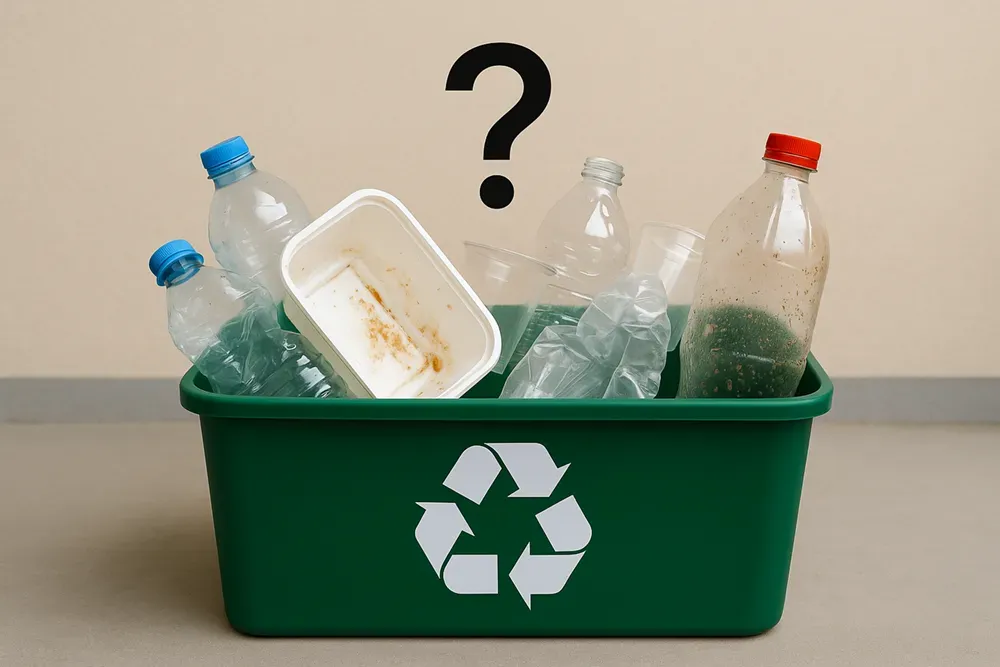 Envases plásticos mal separados y sucios en un contenedor de reciclaje