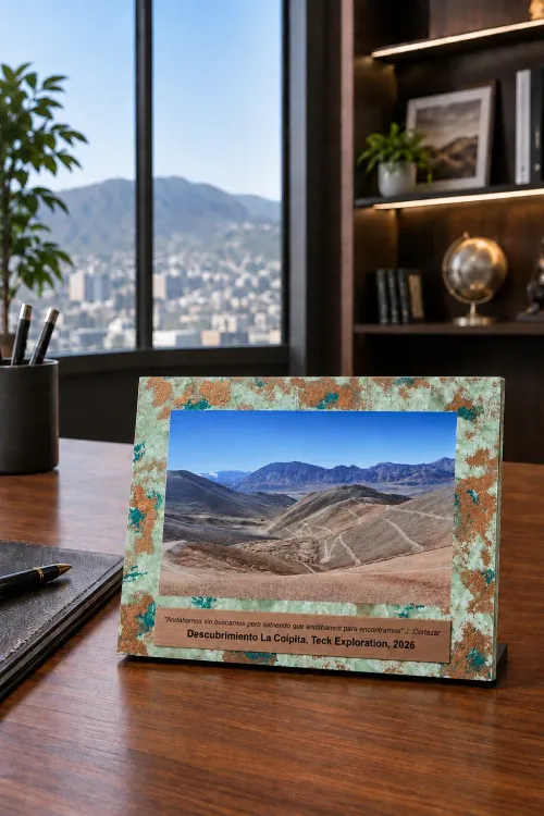 Reconocimiento Descubrimiento La Coipita para Teck Resources, con placa de cobre grabada, fabricado por Revivir
