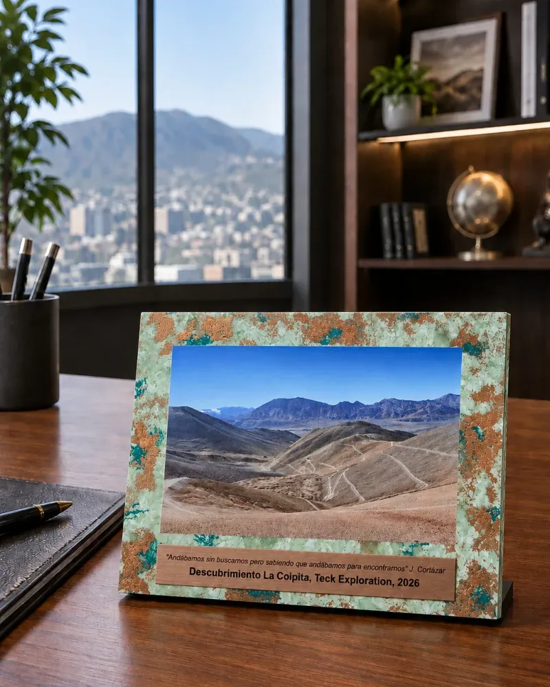 Reconocimiento de escritorio Descubrimiento La Coipita para Teck Resources, placa de cobre grabada fabricada por Revivir